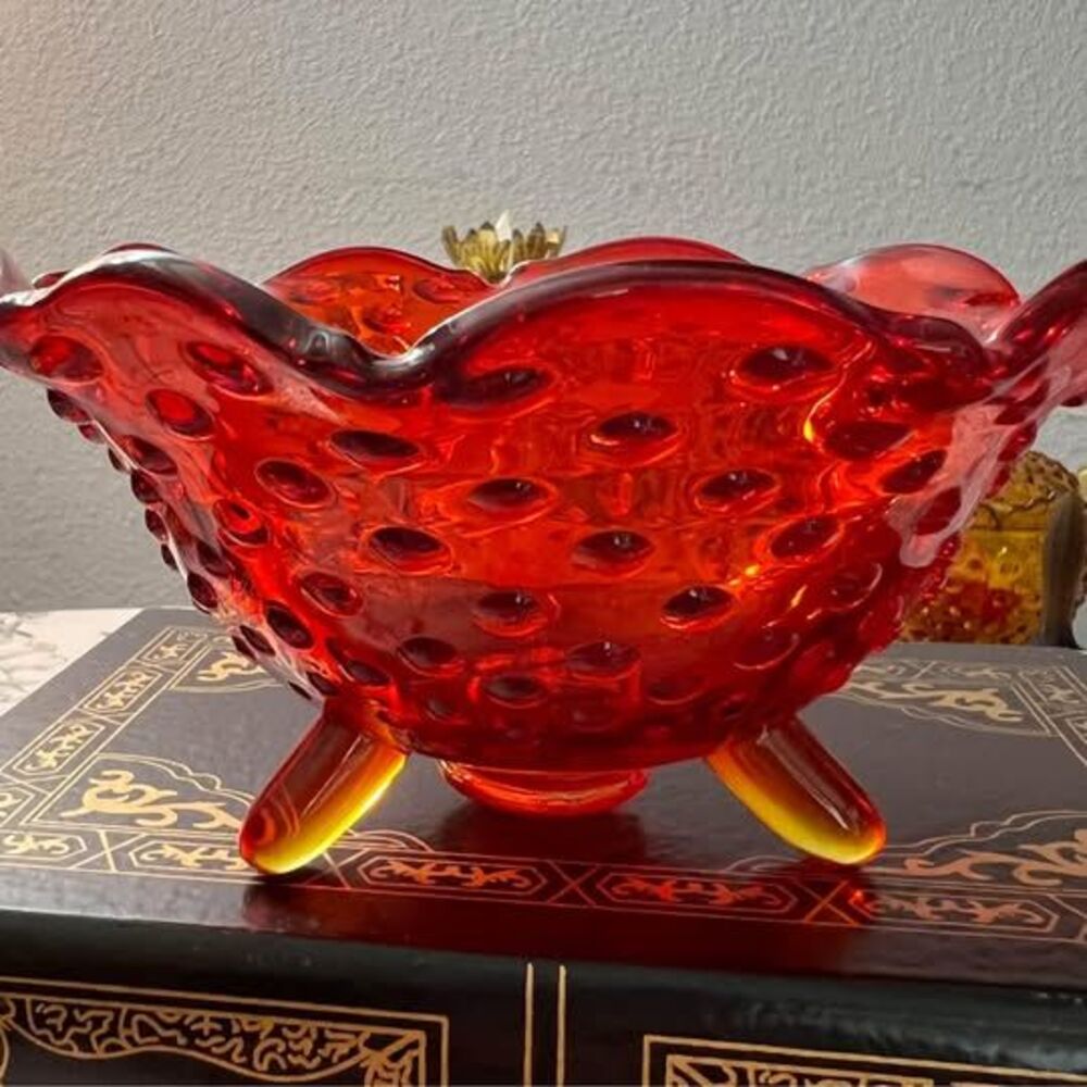 Amberina Hobnail Scalloped Edge 3 Footed Candy Dish Vintage